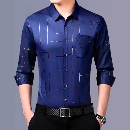 Camisa Masculina Dom em Seda Gelo e Poliéster Manga Larga