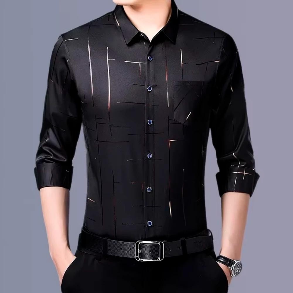Camisa Masculina Dom em Seda Gelo e Poliéster Manga Larga