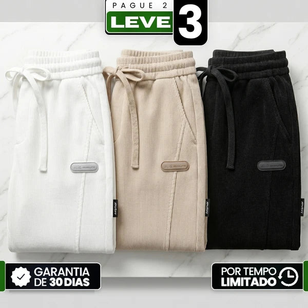 [Leve 3, Pague Só 2!] Calça Rizon Masculina em Veludo Cotelê de Modelagem Jogger com Ajuste Frontal e Emblema Emborrachado