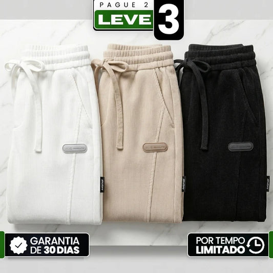 [Leve 3, Pague Só 2!] Calça Rizon Masculina em Veludo Cotelê de Modelagem Jogger com Ajuste Frontal e Emblema Emborrachado
