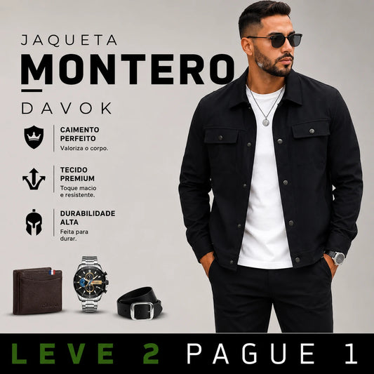 Jaqueta Masculina Montero em Algodão e Poliéster Interior Forrado e Bolsos Superiores +BRINDES: Relógio, Cinto e Carteria