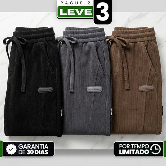 [Leve 3, Pague Só 2!] Calça Rizon Masculina em Veludo Cotelê de Modelagem Jogger com Ajuste Frontal e Emblema Emborrachado