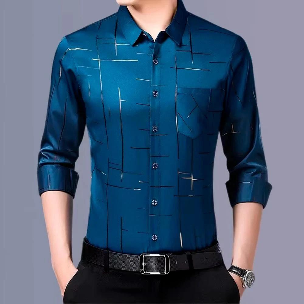 Camisa Masculina Dom em Seda Gelo e Poliéster Manga Larga